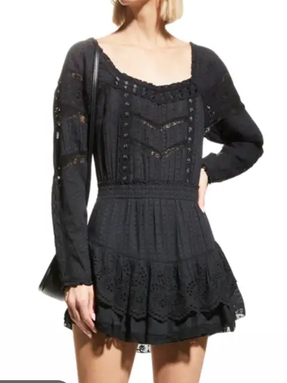 Love Shack Fancy Womens Large Sanaya Black Eyelet Lace Mini Dress Cotton Ribbon
